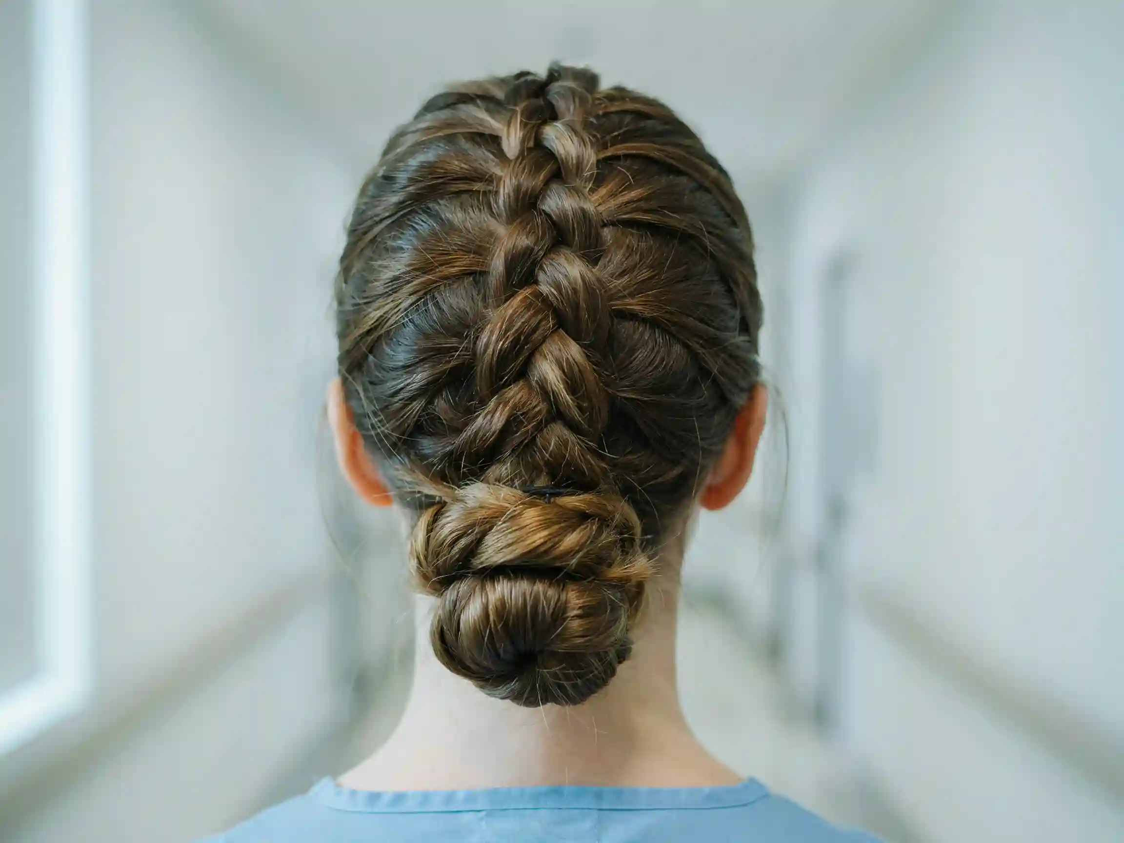 healthcare hairstyles low bun, healthcare hairstyles braided bun for nurses, nurse hairstyle ponytail