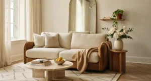 chic room decor neutral living room, chic statement lighting idea, chic layered textures decor