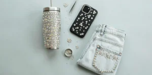 bedazzle ideas rhinestone tumbler, bedazzled jeans DIY idea, bedazzle phone case rhinestones