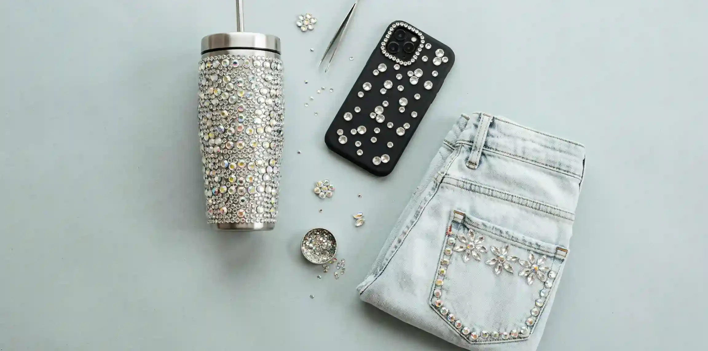 bedazzle ideas rhinestone tumbler, bedazzled jeans DIY idea, bedazzle phone case rhinestones