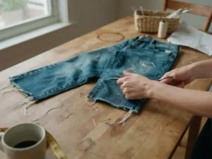 ropa upcycle de jean a short, upcycle de camiseta a bolso, teñir ropa upcycle en casa