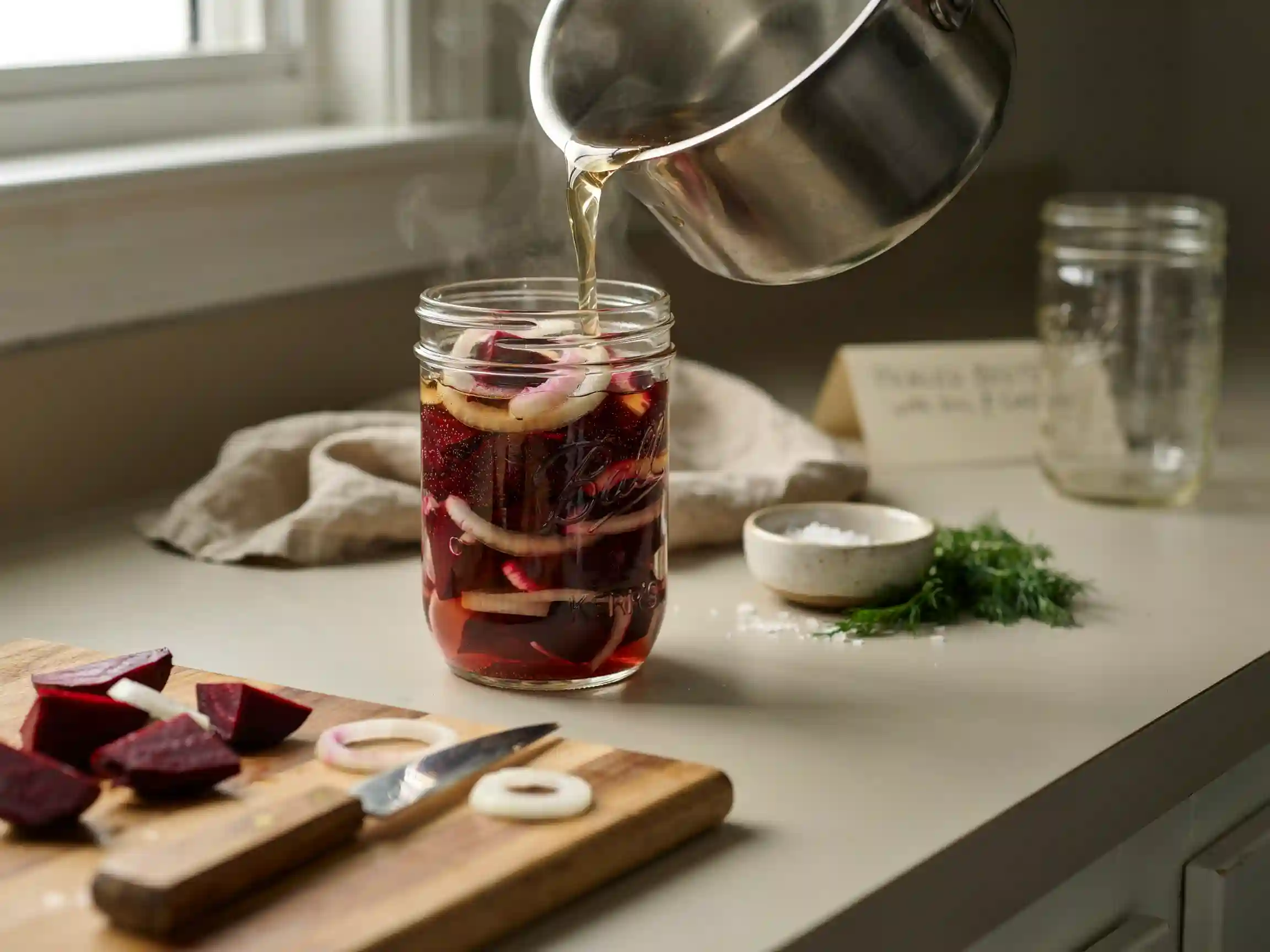 easy pickled beets recipe jar, pickled beets brine spices, pickled beets on a salad