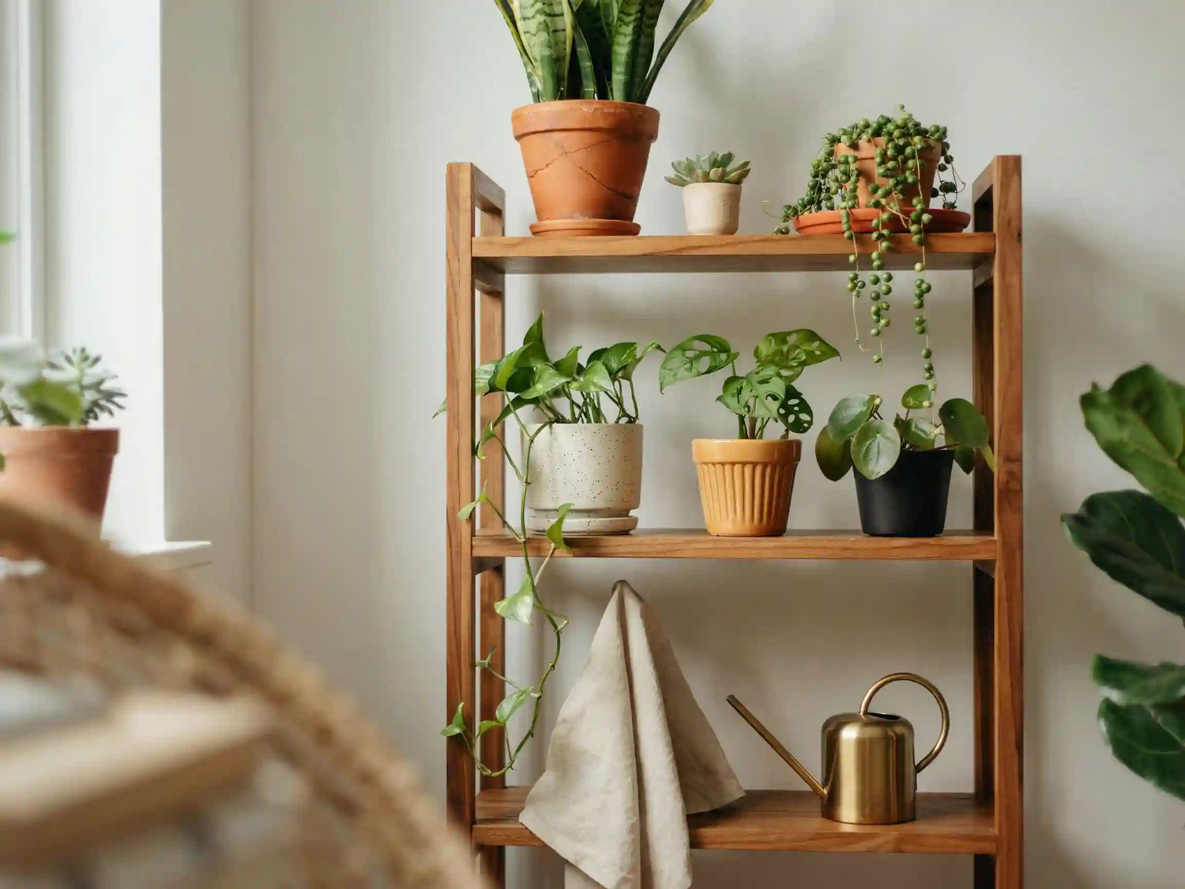indoor house plants aesthetic living room, trailing pothos shelf aesthetic, styled plant shelfie with terracotta pots