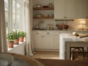nancy meyers home aesthetic living room, nancy meyers kitchen cream cabinets, cozy neutral reading nook nancy meyers style