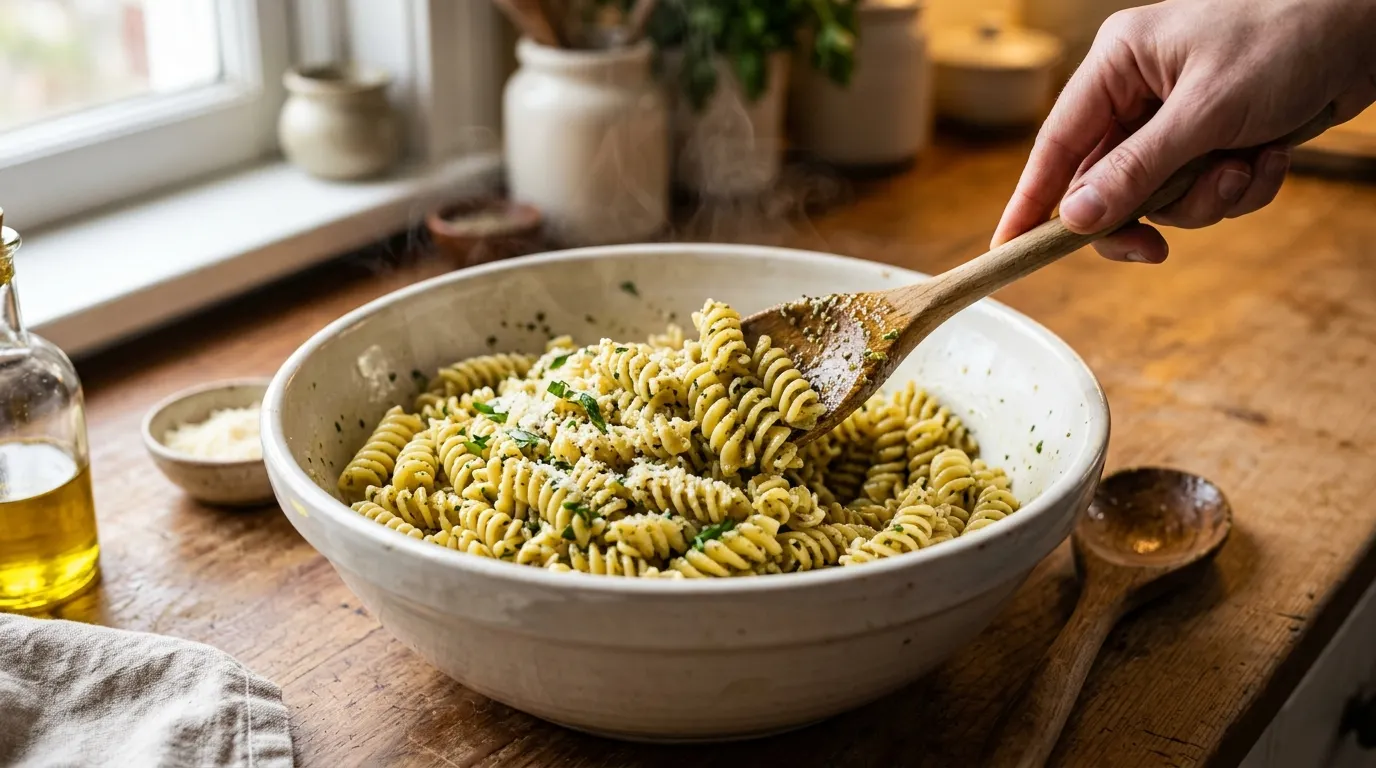 greek pasta salad recipe in a serving bowl