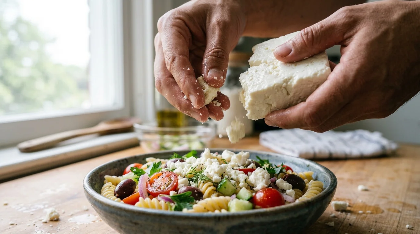 greek pasta salad recipe in a serving bowl