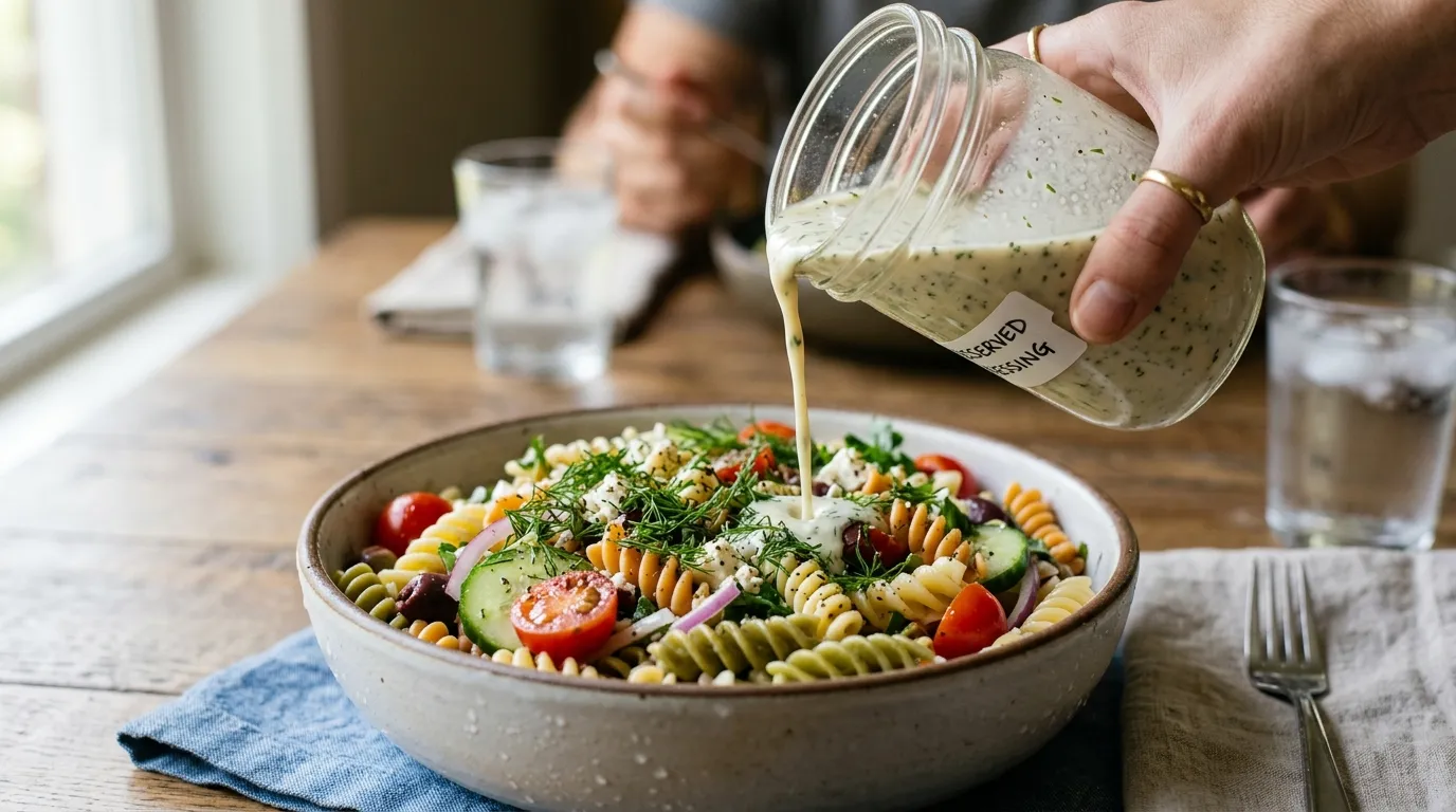 greek pasta salad recipe in a serving bowl