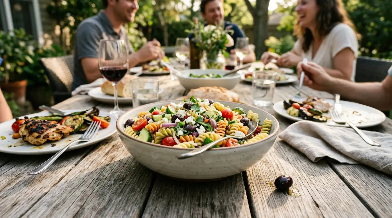 greek pasta salad recipe in a serving bowl