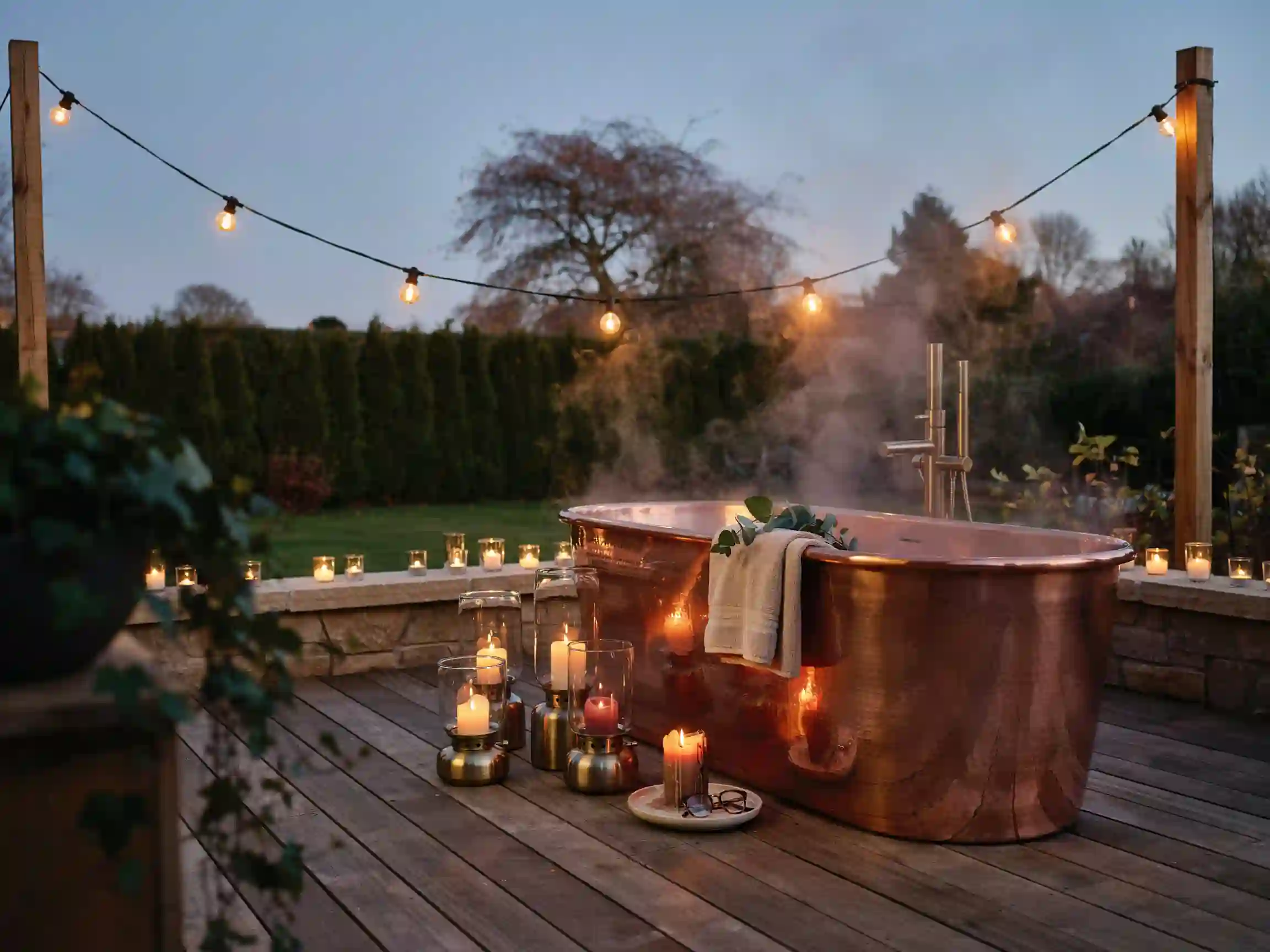 baignoire extérieure dans le jardin, bain nordique en bois extérieur, baignoire îlot terrasse extérieure