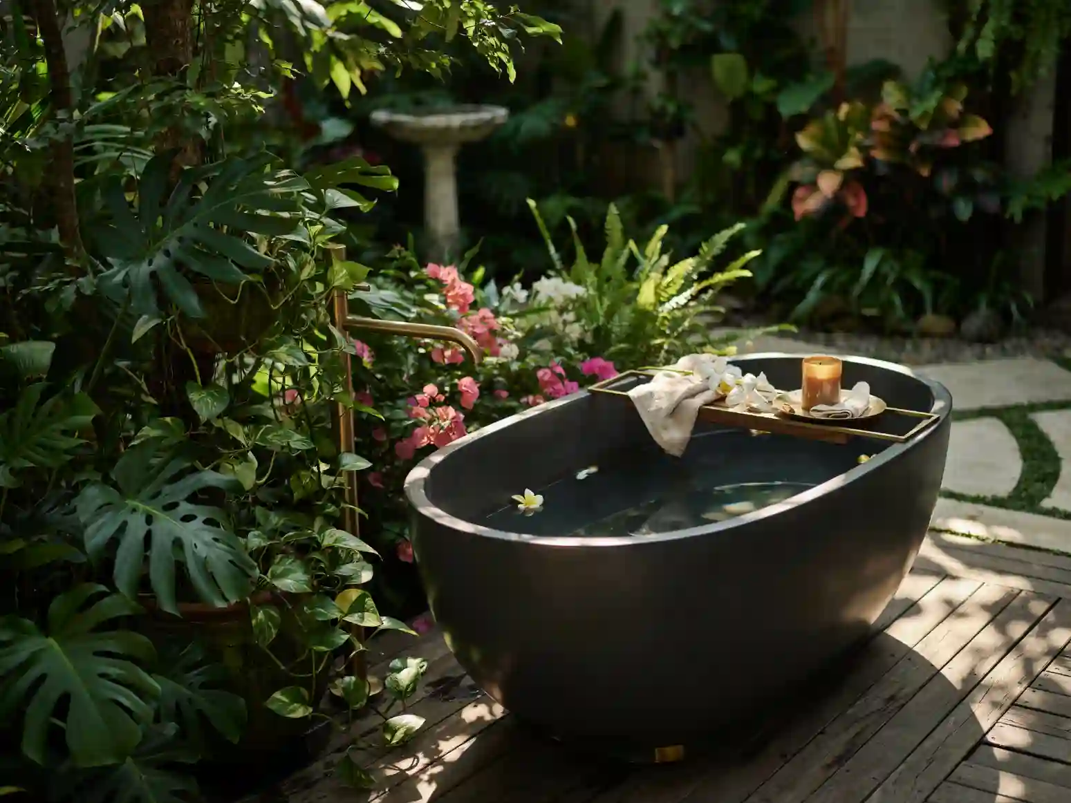 baignoire extérieure dans le jardin, bain nordique en bois extérieur, baignoire îlot terrasse extérieure