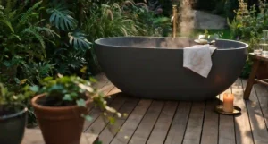 baignoire extérieure dans le jardin, bain nordique en bois extérieur, baignoire îlot terrasse extérieure
