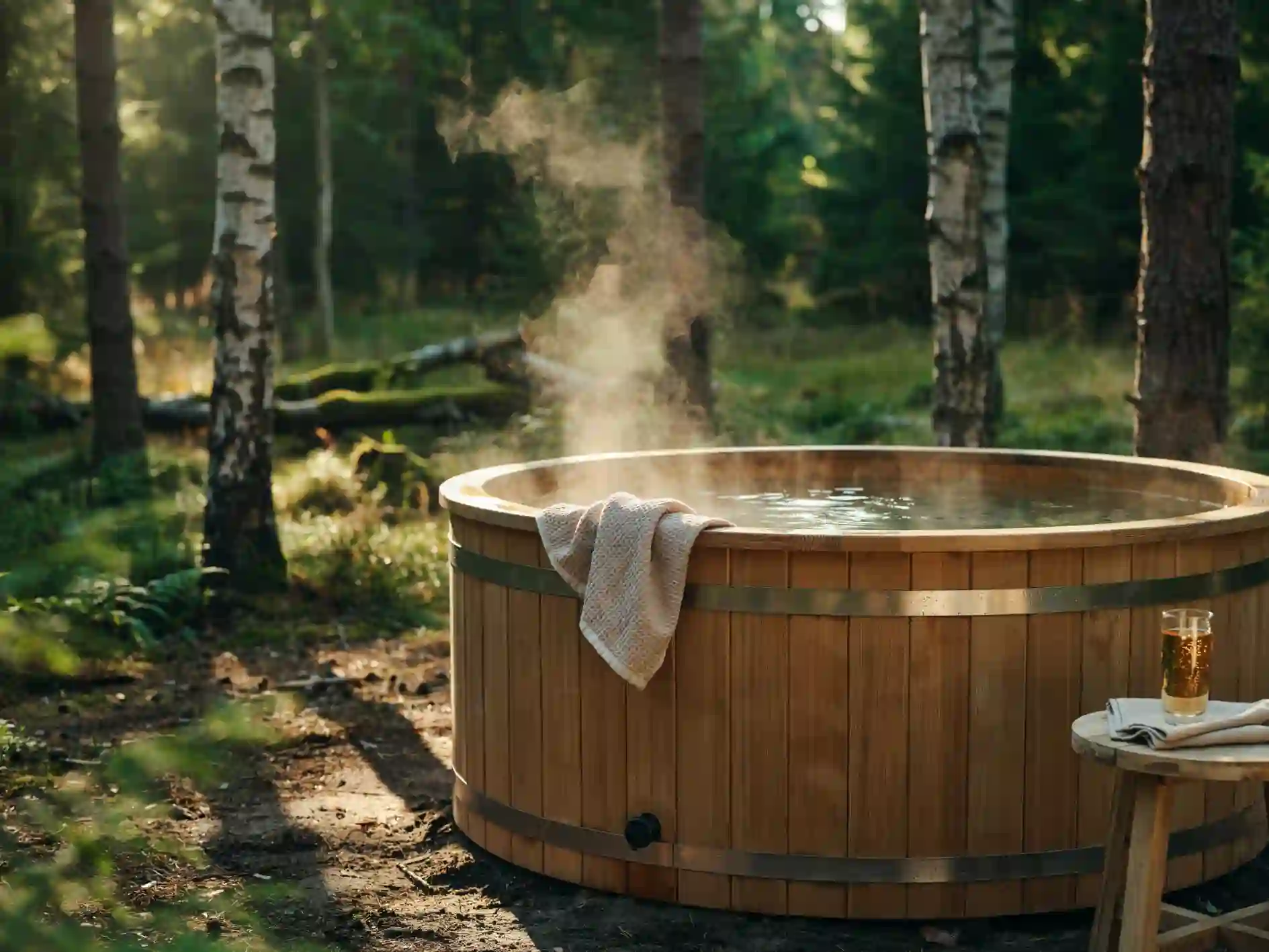 baignoire extérieure dans le jardin, bain nordique en bois extérieur, baignoire îlot terrasse extérieure
