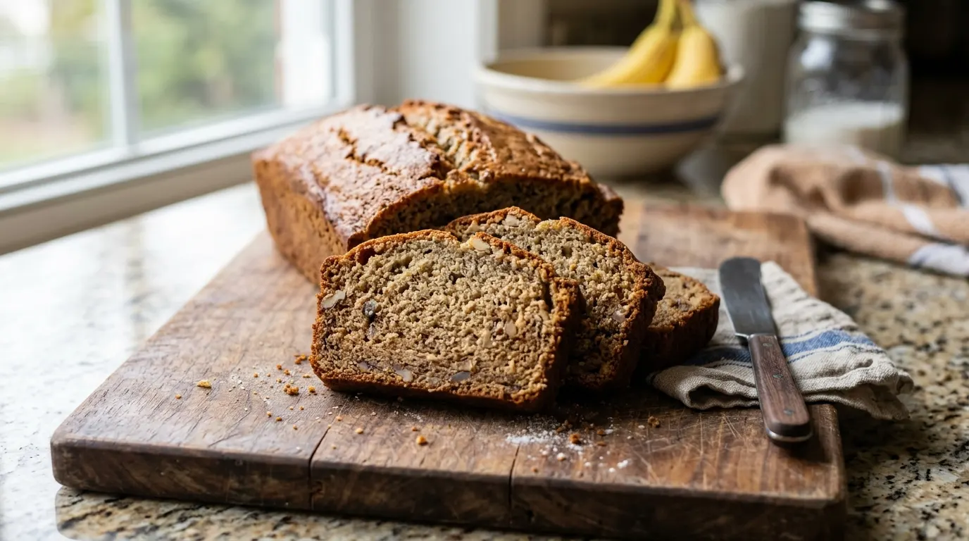 banana bread recipe sliced loaf, banana bread recipe with browned butter, banana bread recipe using black ripe bananas.