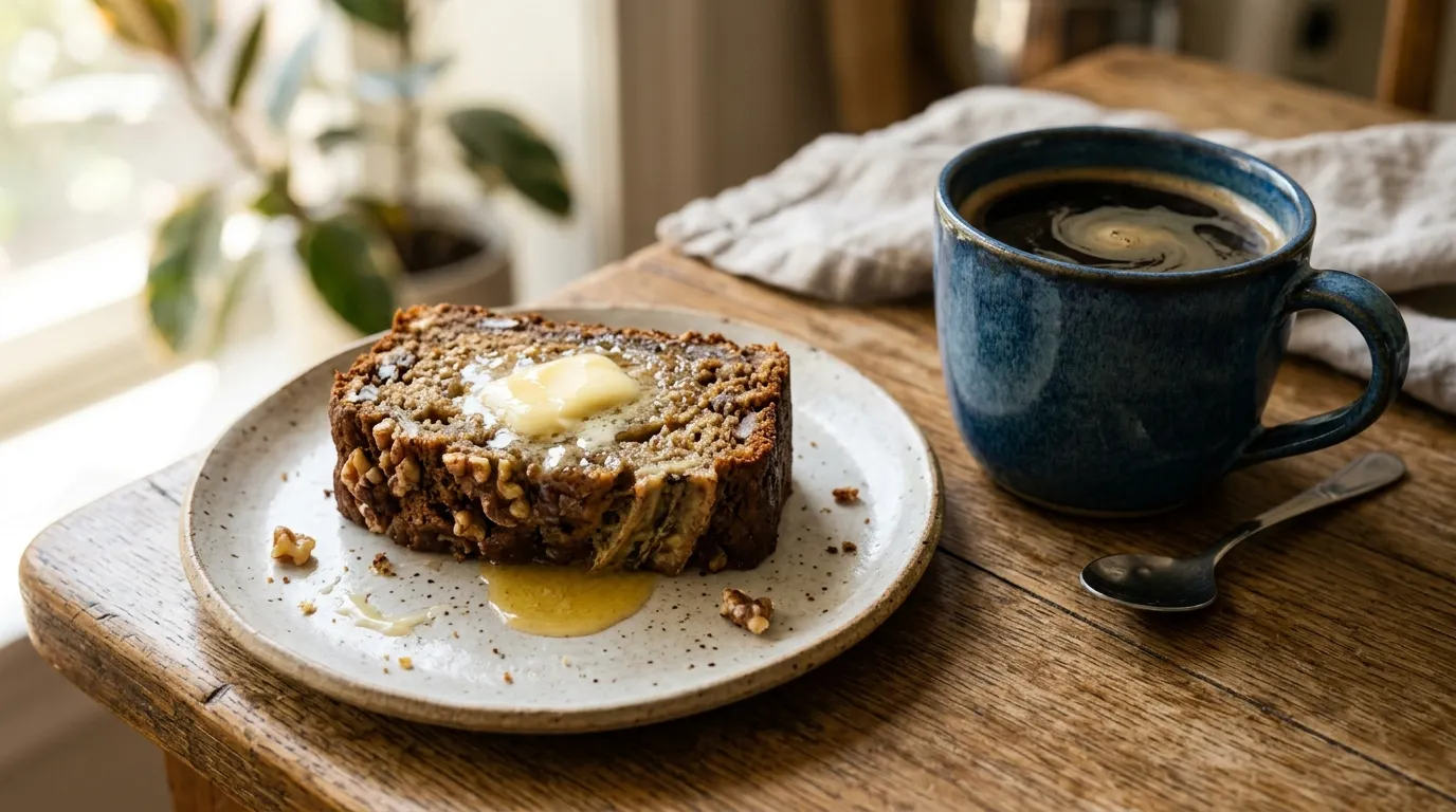 banana bread recipe sliced loaf, banana bread recipe with browned butter, banana bread recipe using black ripe bananas.