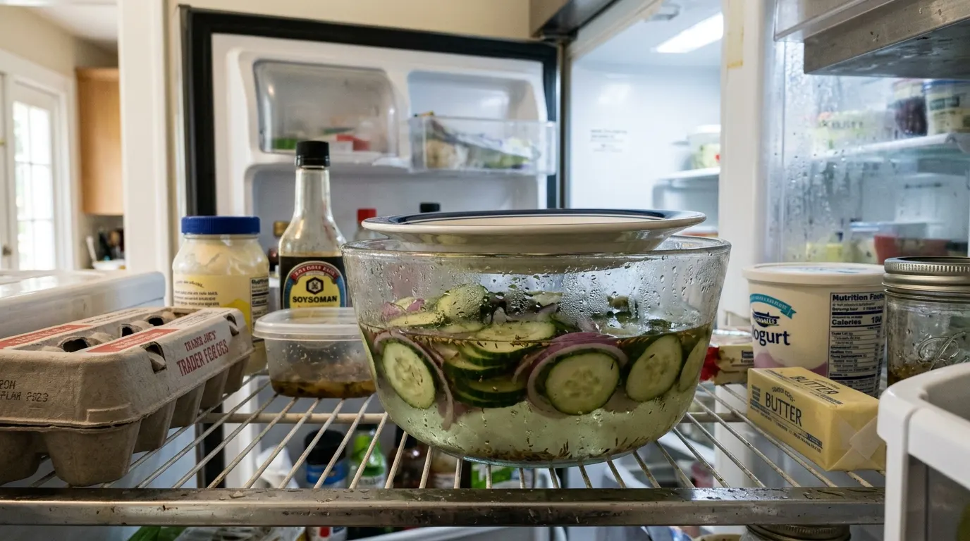 cucumbers and onions in vinegar in a glass bowl, cucumbers and onions in vinegar with fresh dill, cucumbers and onions in vinegar served with grilled food.