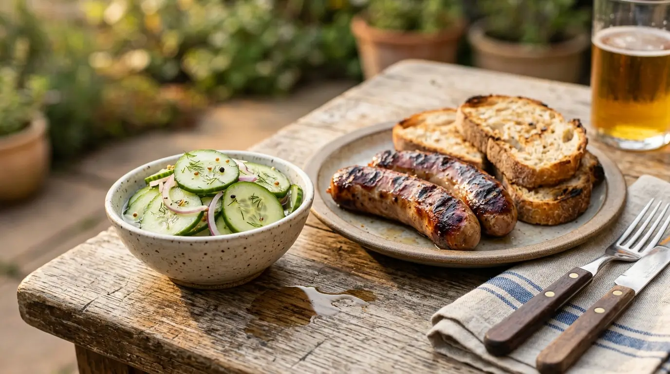 cucumbers and onions in vinegar in a glass bowl, cucumbers and onions in vinegar with fresh dill, cucumbers and onions in vinegar served with grilled food.