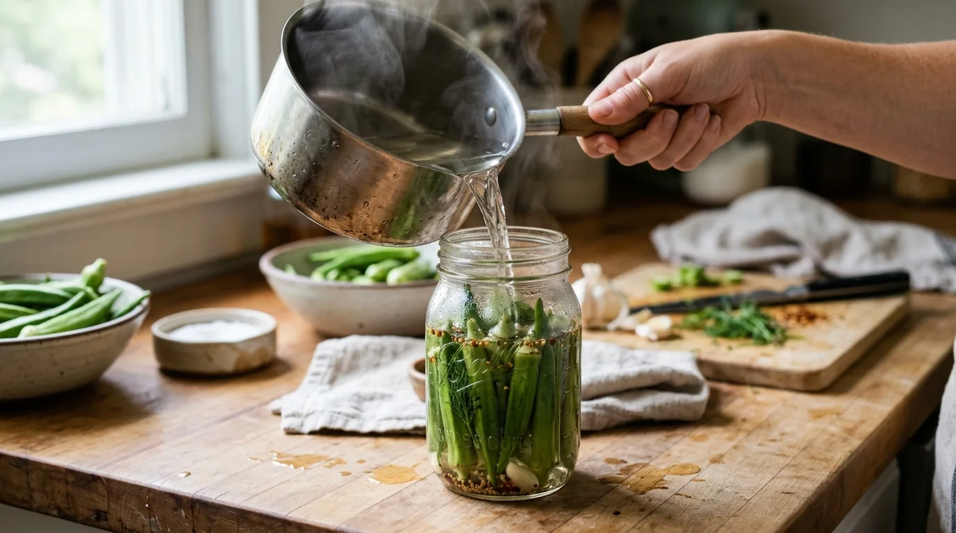 pickled okra recipe in glass jars, pickled okra recipe trimming the stem, pickled okra recipe served on a cheese board