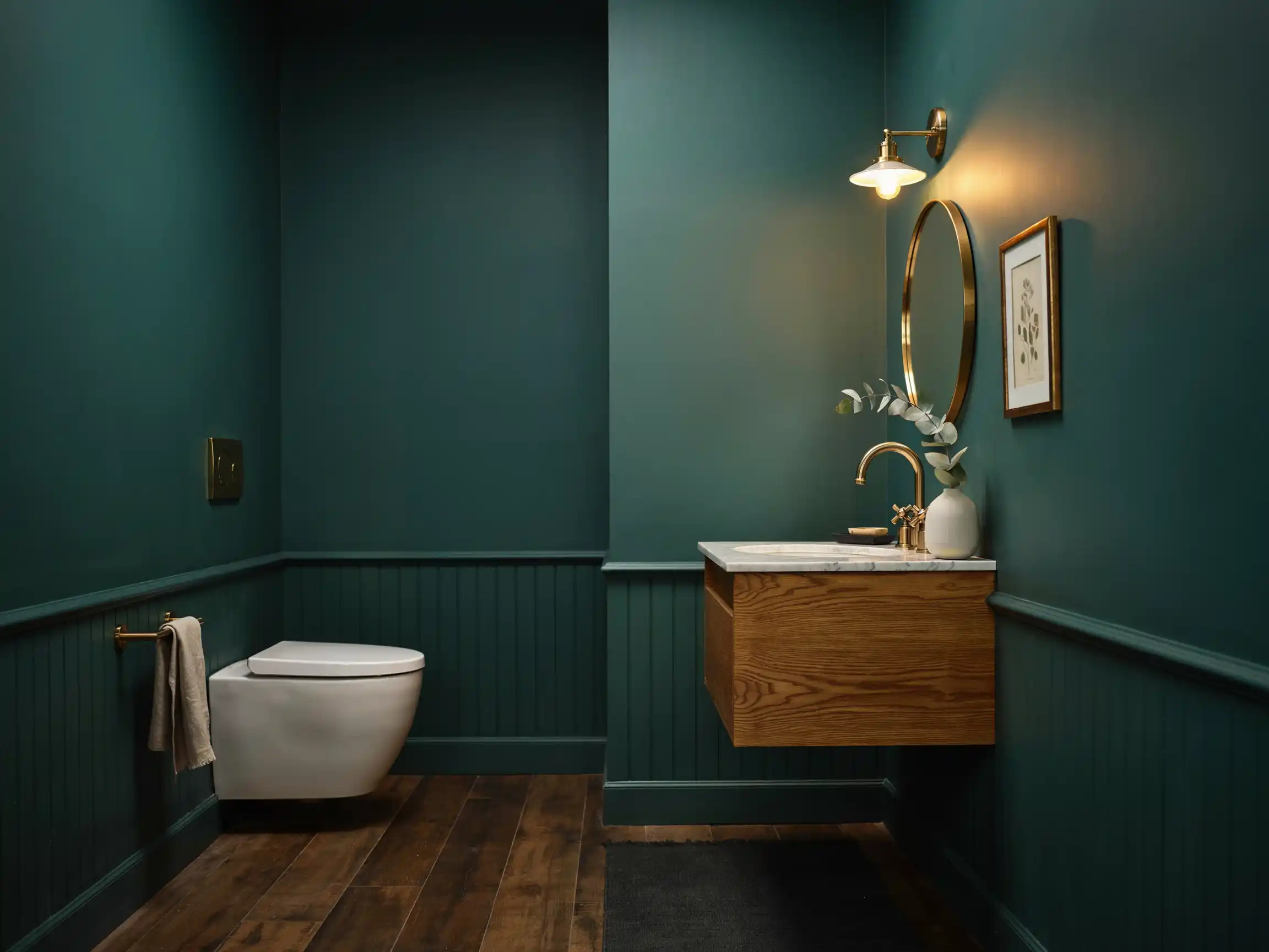 toilettes inspiration papier peint, toilettes inspiration couleur foncée, déco toilettes avec plantes.
