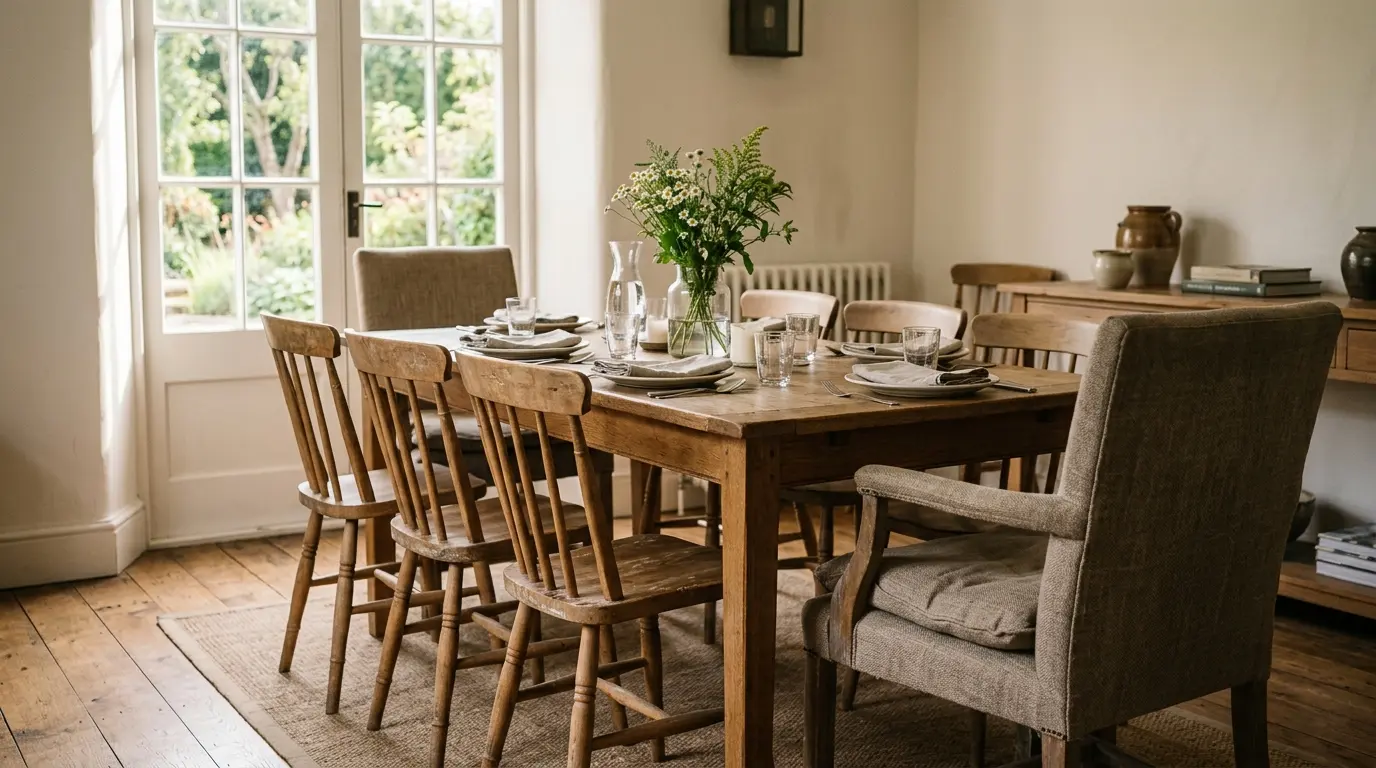 dining room decoration idea with a low pendant light, dining room decoration idea rug sized under the table, dining room decoration idea low centerpiece on a runner.