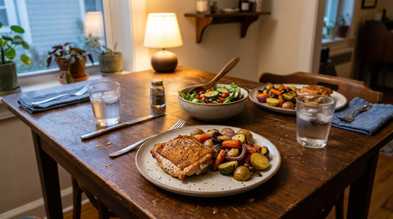 Food photograph of a simple dinner for two set on a small wooden table, two plates of seared chicken thighs with roasted vegetables, two glasses of water and a shared bowl of salad between them, slight overhead three quarter angle, soft warm evening light from a window mixed with a low lamp, real crisp chicken skin, char on the vegetables and a few crumbs on the table, lived in unstyled feel, 50mm lens shallow depth of field, true to life color, photorealistic lifelike photograph Food photograph of sausages, sliced peppers, red onion and small potatoes roasted on a quarter sheet pan straight from the oven, slight overhead angle, warm kitchen light with soft daylight, real caramelised edges, blistered pepper skins and pooled juices on the pan, faint steam rising, 50mm lens shallow depth of field, true to life color, raw photorealistic photograph Food photograph of two bone in chicken thighs cooking skin side down in a cast iron skillet with deeply browned crackling skin, slight three quarter angle at stovetop height, warm burner light mixed with daylight, real rendered fat bubbling around the edges and faint smoke, a pair of tongs resting on the pan handle, 50mm lens shallow depth of field, true to life color, photorealistic photograph Food photograph of a thick seared steak rested and sliced across the grain on a wooden board, pink in the middle with a dark crust, arranged so the slices fan slightly apart, low three quarter angle, soft natural window light, real crust texture, resting juices pooling on the board and flaky salt scattered on top, 85mm lens shallow depth of field, true to life color, raw photorealistic photograph Food photograph of shakshuka in a small cast iron skillet with four eggs set in a red tomato base, chopped parsley scattered over, torn bread beside the pan, slight overhead angle, soft warm daylight, real glossy yolks, uneven sauce surface and a small spill on the pan rim, 50mm lens shallow depth of field, true to life color, photorealistic photograph Candid documentary photograph of hands dividing a large pack of chicken thighs into two labelled freezer bags on a kitchen counter, framed so no face is visible, hands anatomically correct with exactly five well formed fingers, bright natural daylight from a window, real plastic sheen, damp counter and a paper towel nearby, 35mm lens shallow depth of field, true to life color, raw photorealistic photograph Candid documentary photograph of two people eating dinner at a small kitchen table, framed from behind and to the side so faces are not identifiable, warm evening lamp light mixed with fading daylight, relaxed unposed posture, plates half finished and a bottle of olive oil on the table, 35mm lens with natural depth, real fabric, skin and ceramic texture, true to life color, photorealistic lifelike photograph