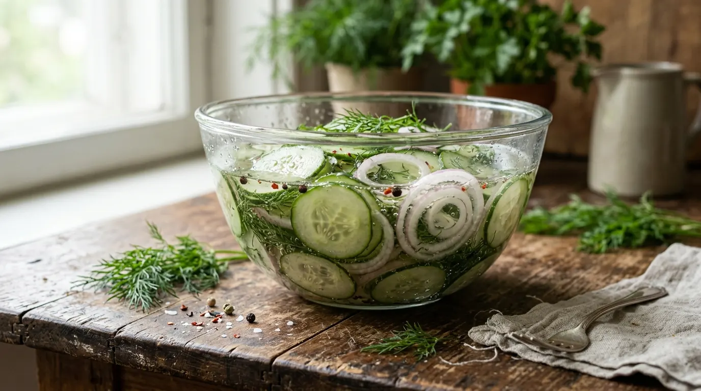 cucumbers and onions in vinegar in a glass bowl, cucumbers and onions in vinegar with fresh dill, cucumbers and onions in vinegar served with grilled food.