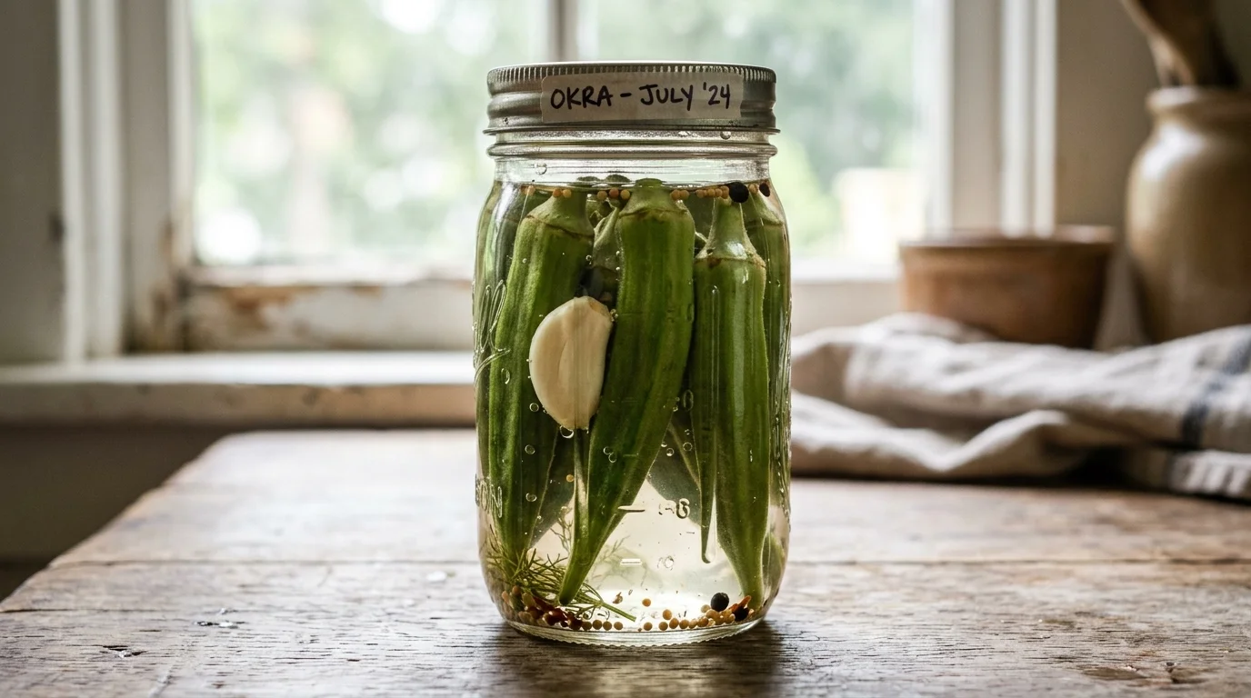 pickled okra recipe in glass jars, pickled okra recipe trimming the stem, pickled okra recipe served on a cheese board