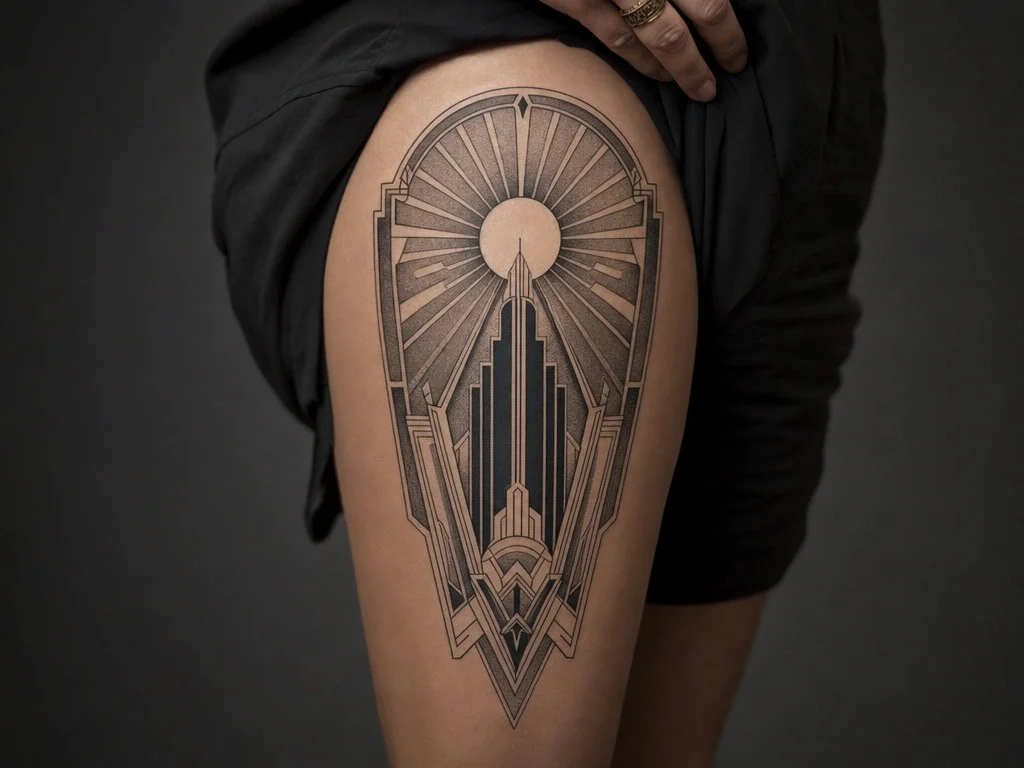 tatouage art déco géométrique, tatouage art déco soleil rayonnant, tatouage art déco fine line