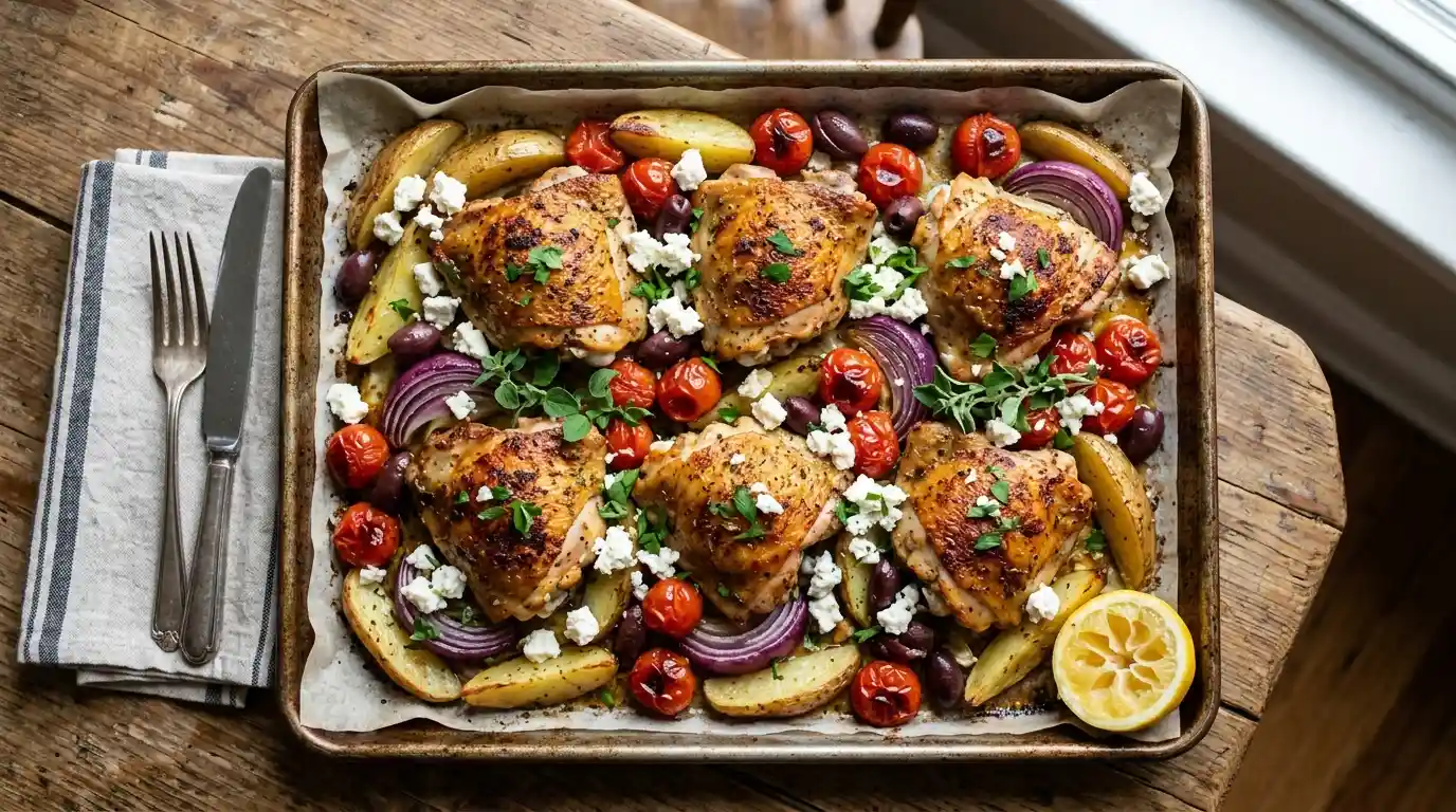 sheet pan chicken dinners thighs and potatoes, sheet pan chicken dinners fajita tray, sheet pan chicken dinners greek with feta.