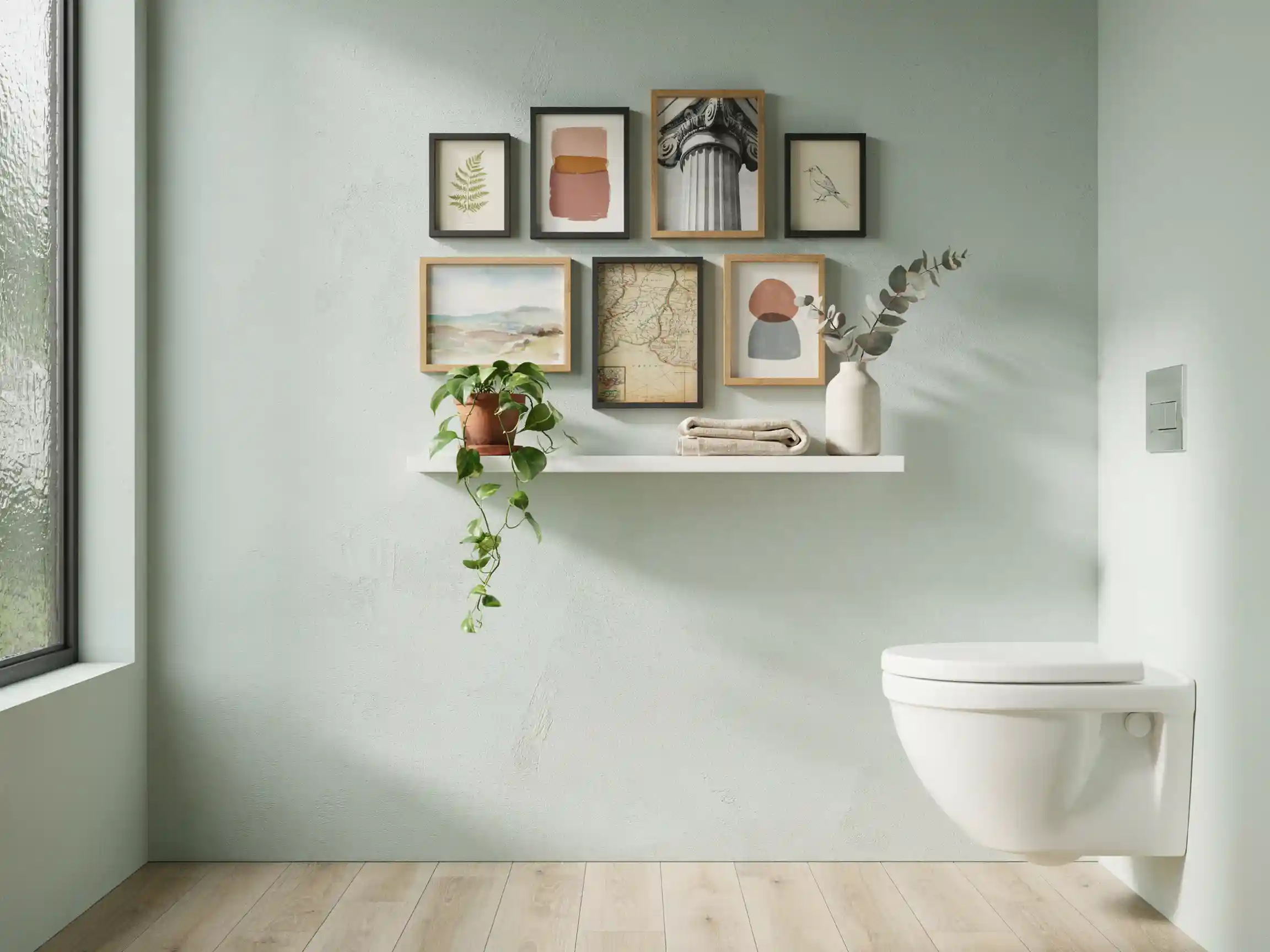 toilettes inspiration papier peint, toilettes inspiration couleur foncée, déco toilettes avec plantes.
