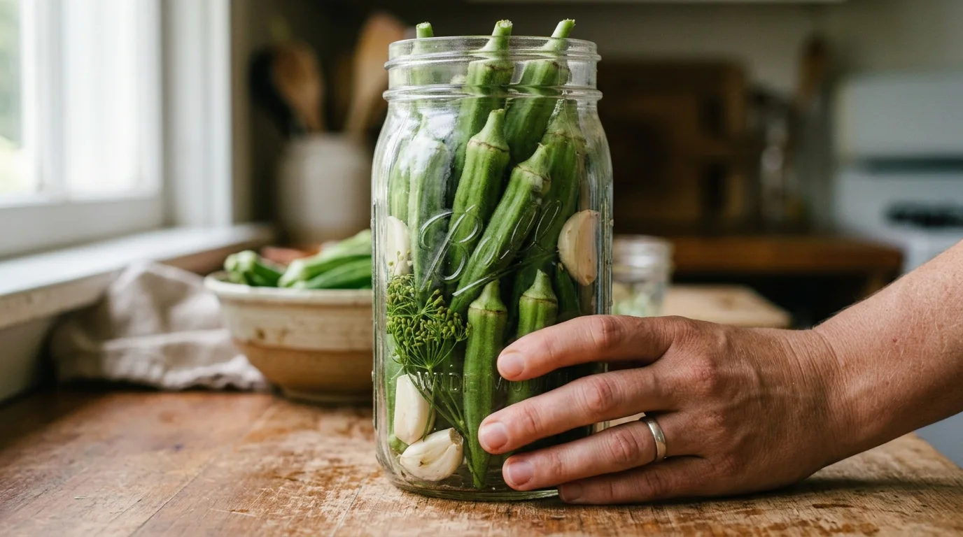 pickled okra recipe in glass jars, pickled okra recipe trimming the stem, pickled okra recipe served on a cheese board