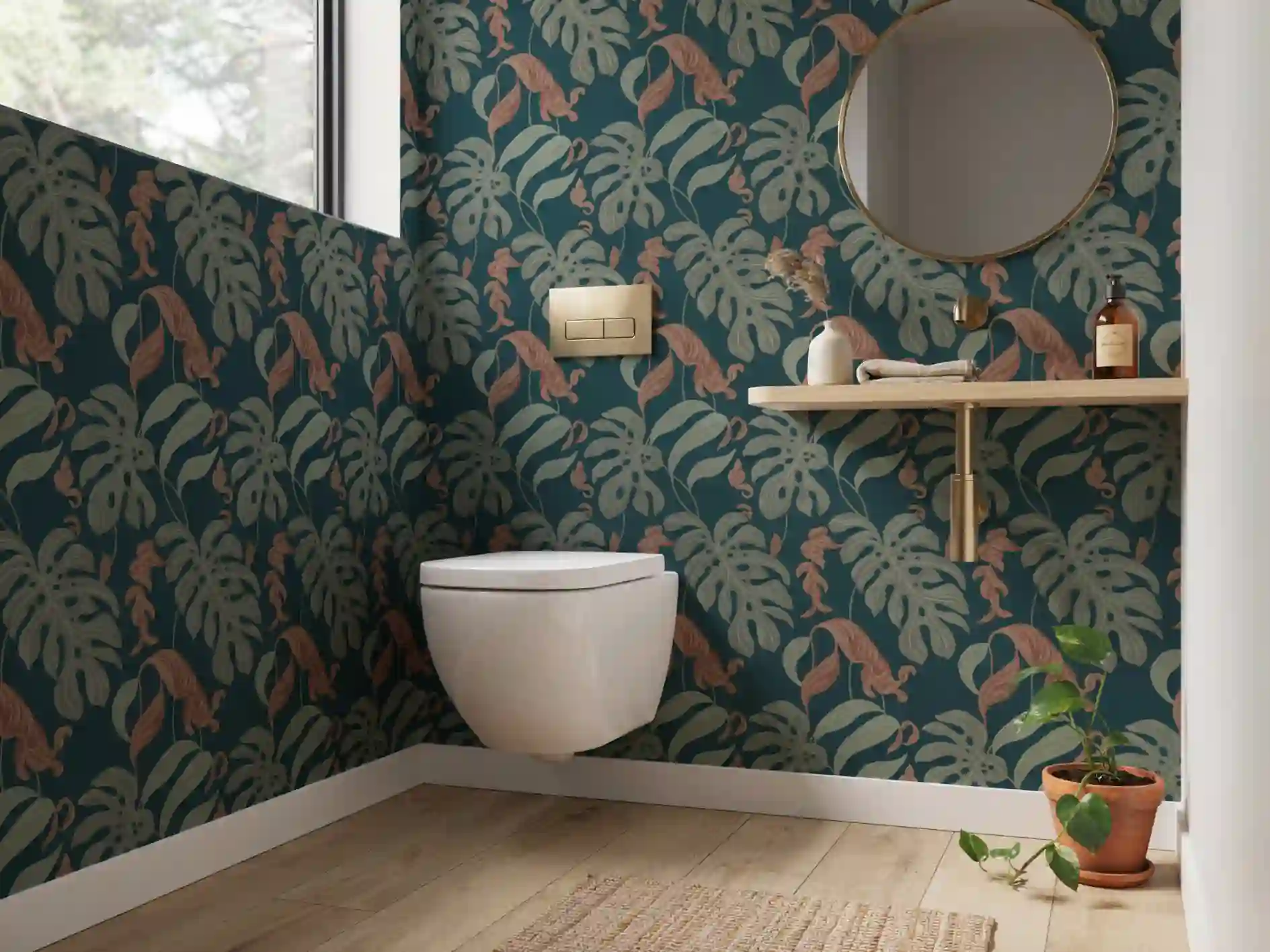 toilettes inspiration papier peint, toilettes inspiration couleur foncée, déco toilettes avec plantes.