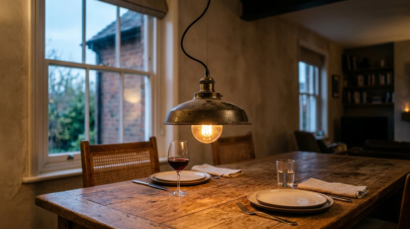 dining room decoration idea with a low pendant light, dining room decoration idea rug sized under the table, dining room decoration idea low centerpiece on a runner.