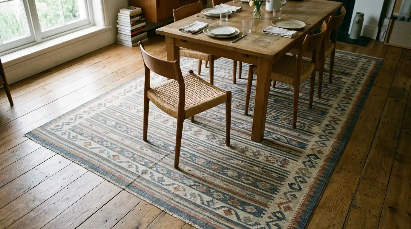 dining room decoration idea with a low pendant light, dining room decoration idea rug sized under the table, dining room decoration idea low centerpiece on a runner.