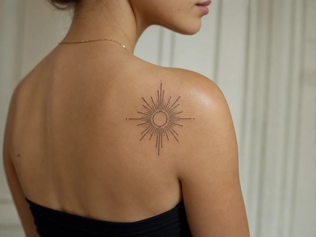 tatouage art déco géométrique, tatouage art déco soleil rayonnant, tatouage art déco fine line