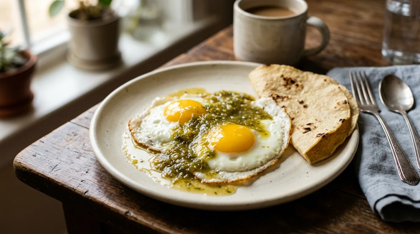 tomatillo sauce in a ceramic bowl, tomatillo sauce roasted tomatillos and chilies, tomatillo sauce spooned over fried eggs.