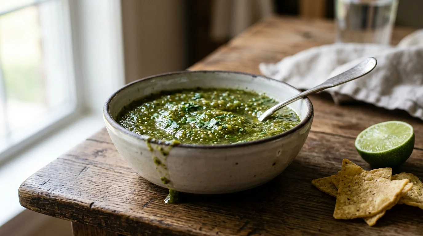 tomatillo sauce in a ceramic bowl, tomatillo sauce roasted tomatillos and chilies, tomatillo sauce spooned over fried eggs