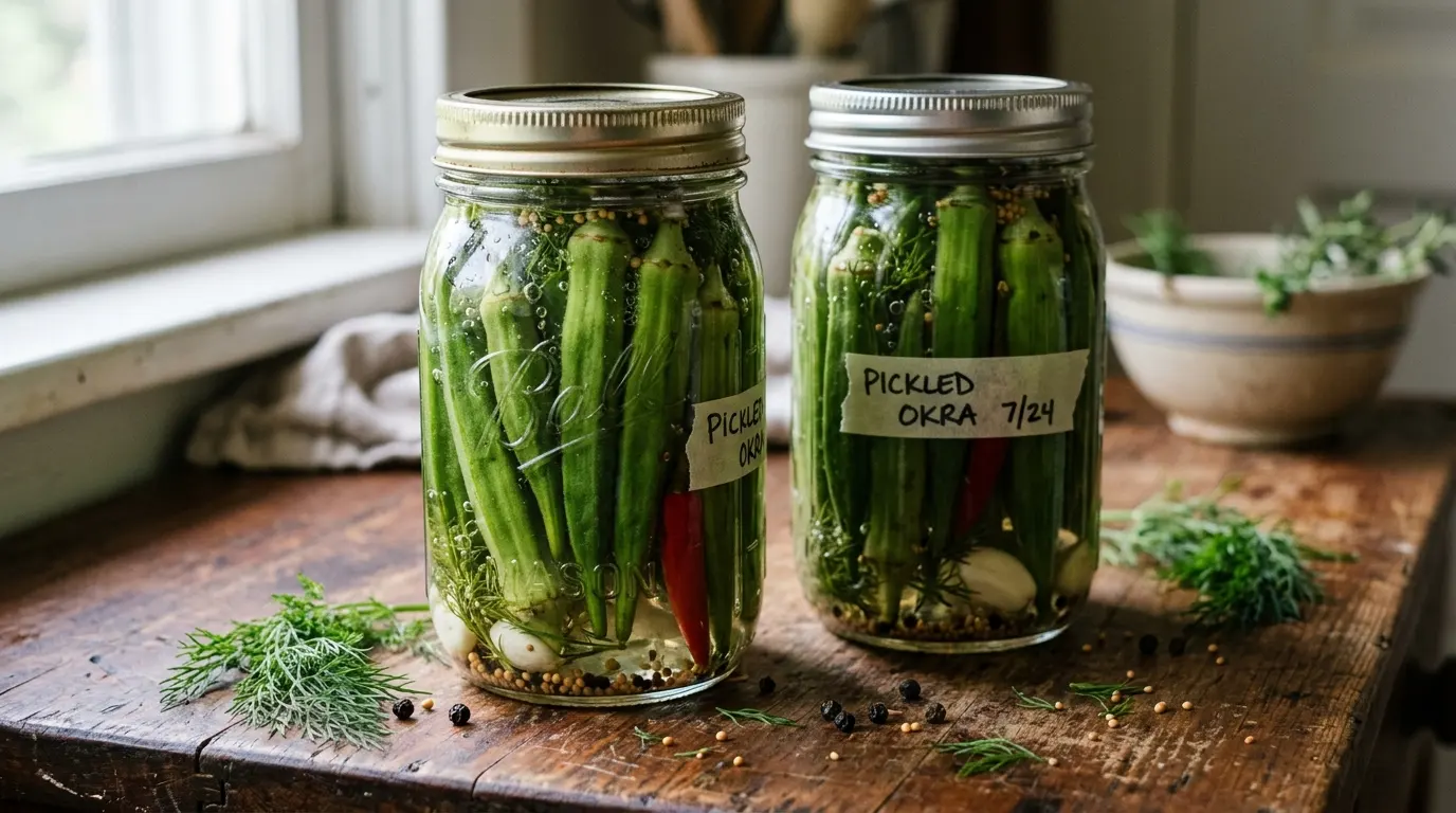 pickled okra recipe in glass jars, pickled okra recipe trimming the stem, pickled okra recipe served on a cheese board