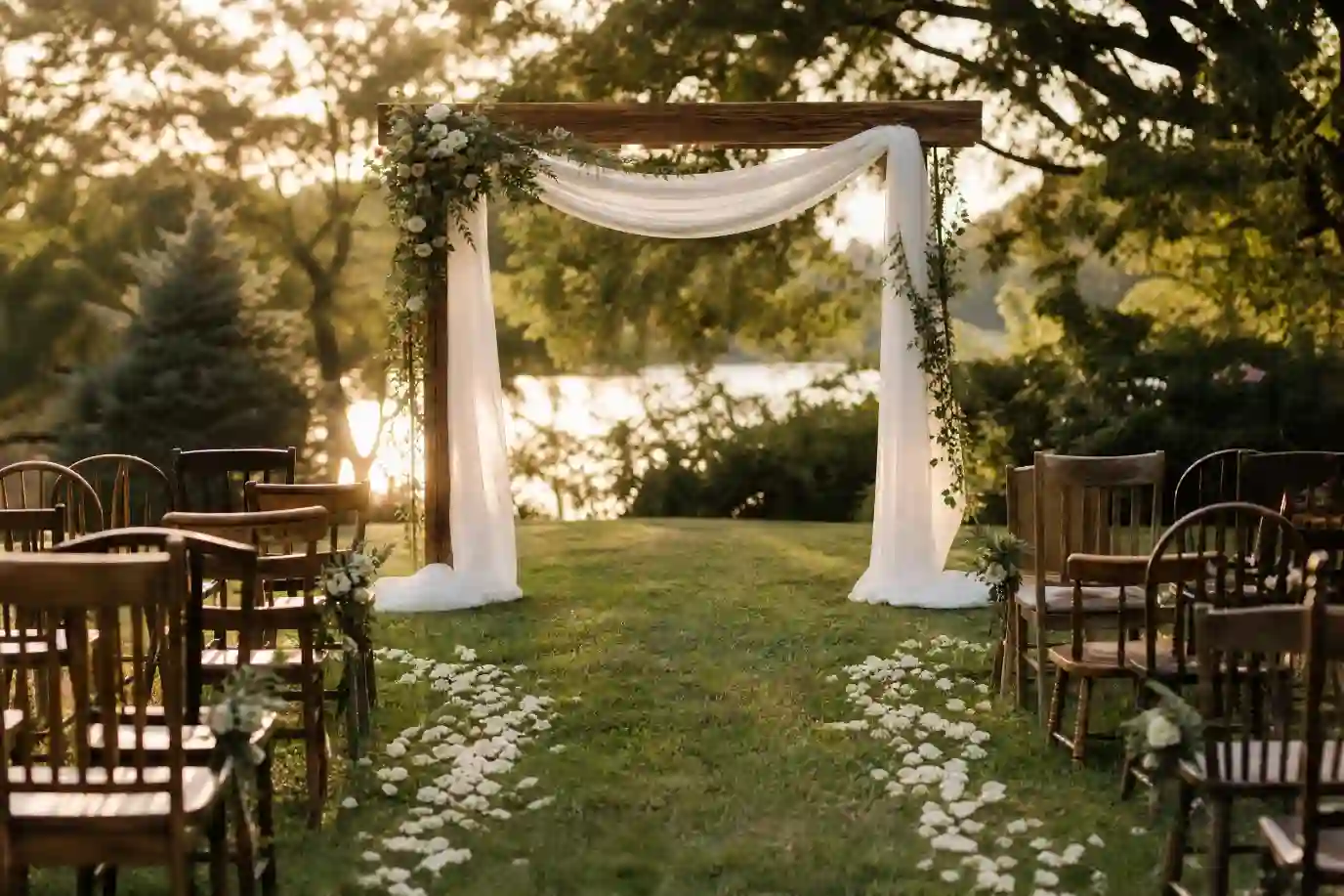 small backyard wedding ideas with string lights and long table,cozy small backyard wedding ideas with mismatched chairs and florals,budget-friendly small backyard wedding ideas table setup