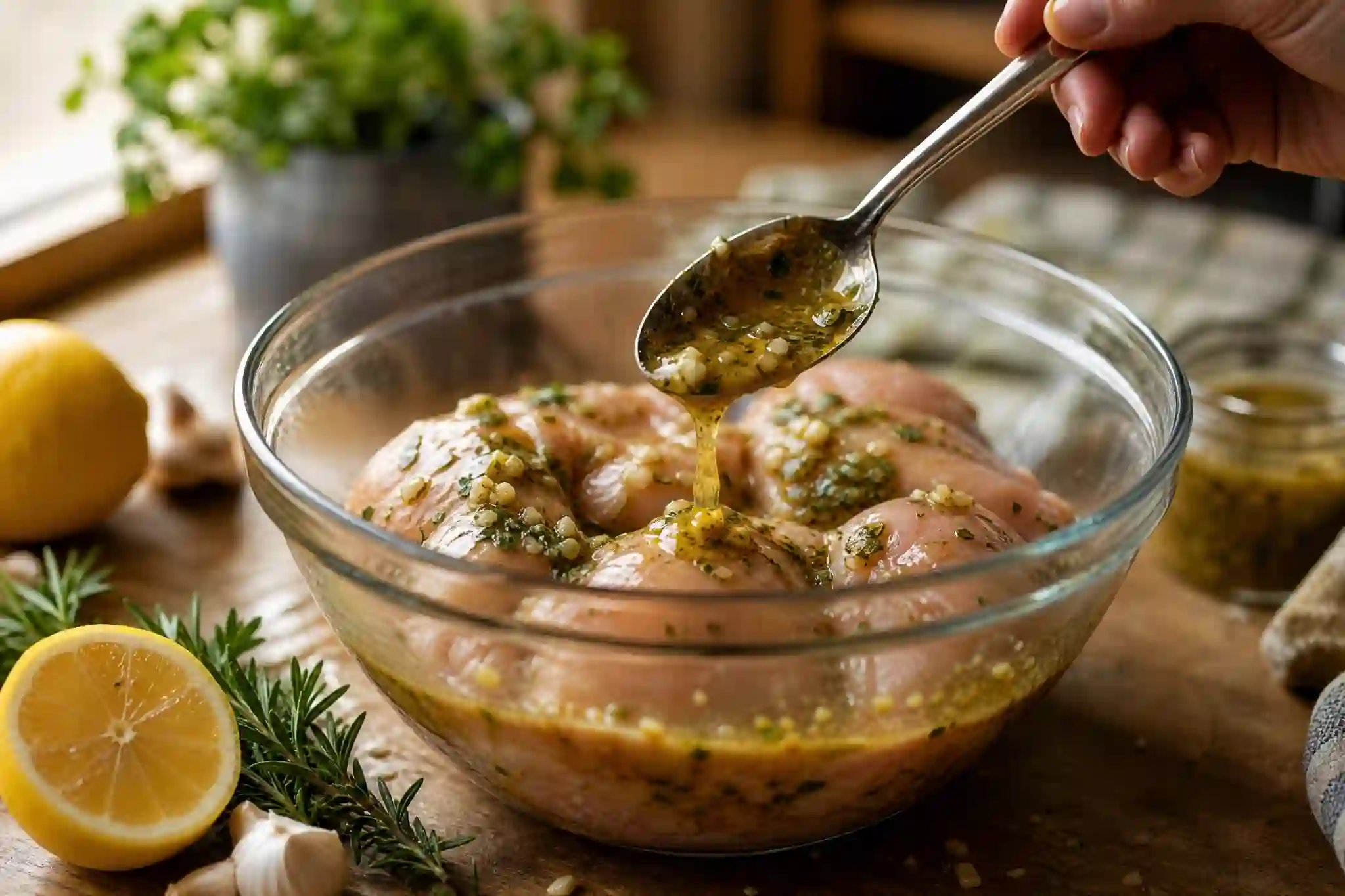 chicken marinade recipes juicy grilled chicken with herbs,easy chicken marinade recipes garlic herb marinated chicken,chicken marinade recipes marinating chicken in a glass bowl