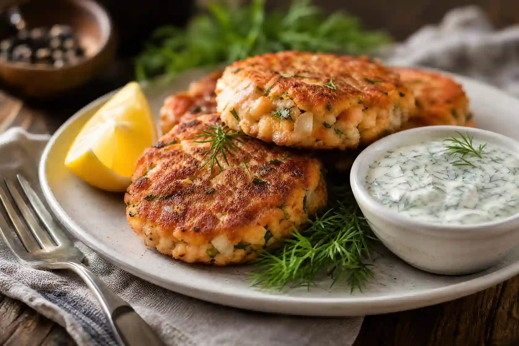 salmon patties recipe crispy golden patties on a plate,easy salmon patties recipe made with canned salmon,salmon patties recipe served with lemon and dill sauce