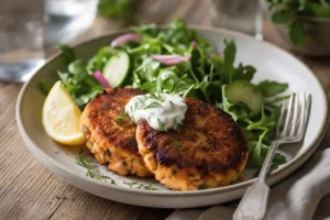 salmon patties recipe crispy golden patties on a plate,easy salmon patties recipe made with canned salmon,salmon patties recipe served with lemon and dill sauce