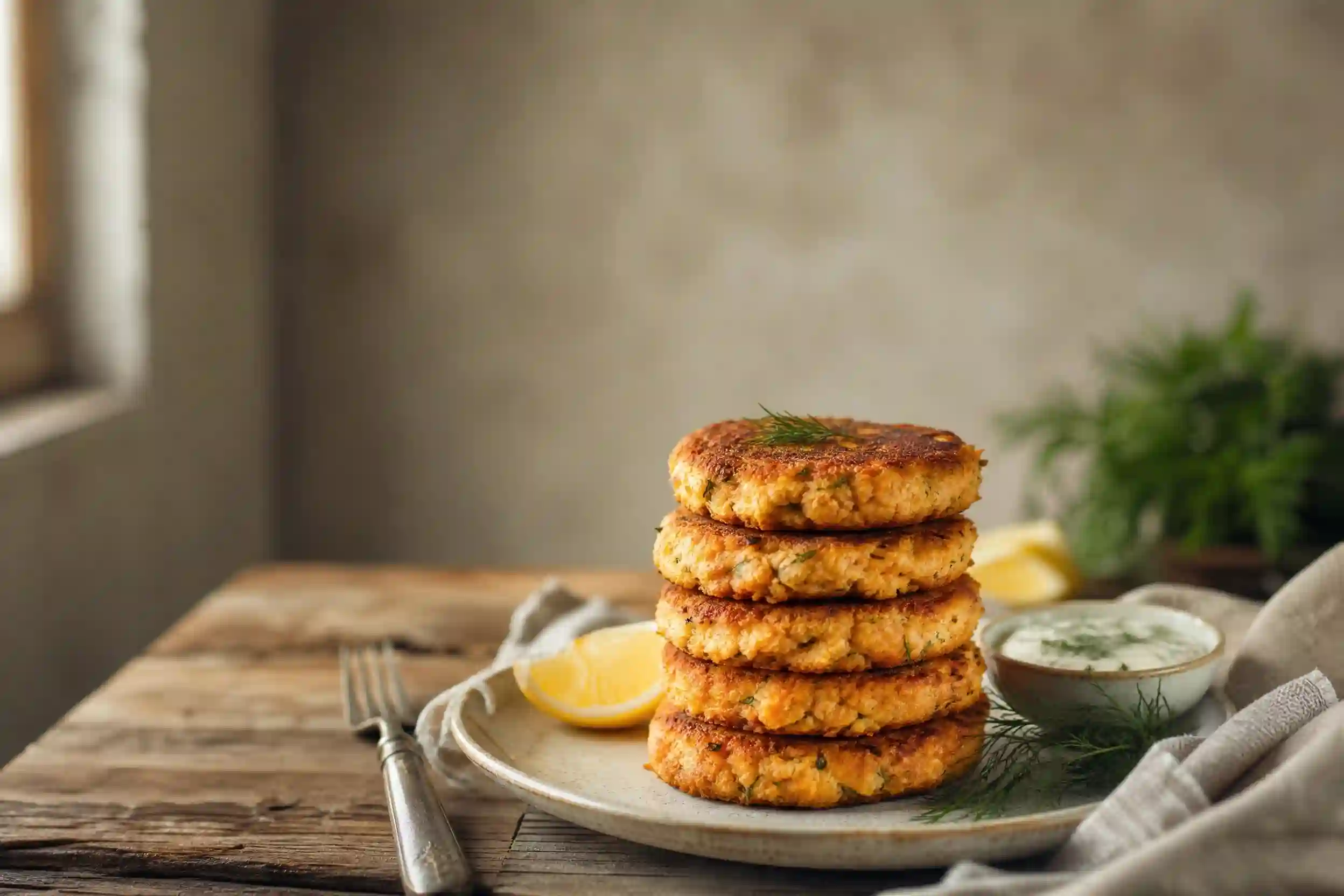 salmon patties recipe crispy golden patties on a plate,easy salmon patties recipe made with canned salmon,salmon patties recipe served with lemon and dill sauce