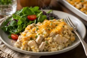 chicken casserole recipes creamy chicken and rice bake,easy chicken casserole recipes cheesy golden top in a dish,chicken casserole recipes served warm on a plate.