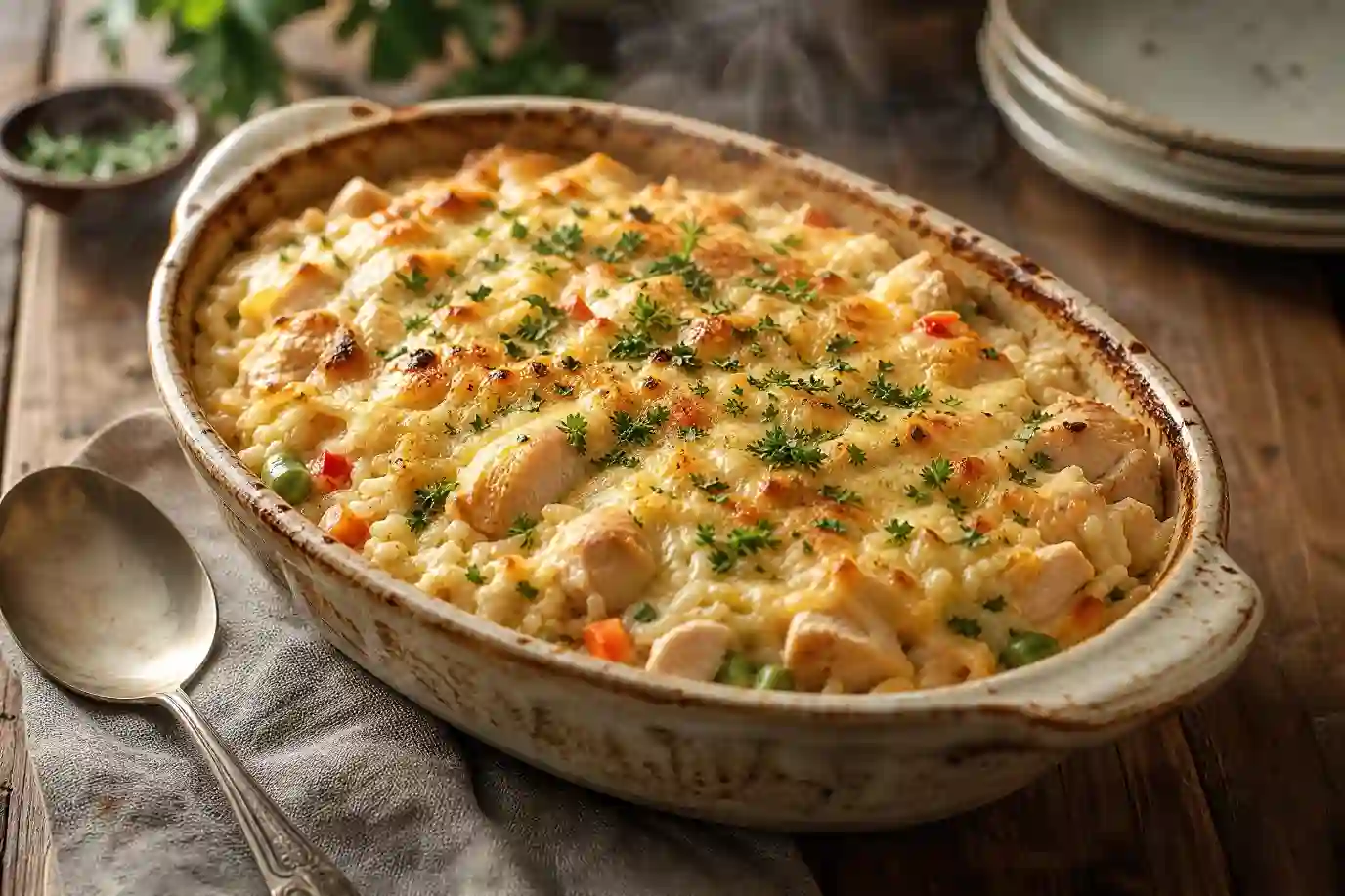 chicken casserole recipes creamy chicken and rice bake,easy chicken casserole recipes cheesy golden top in a dish,chicken casserole recipes served warm on a plate.