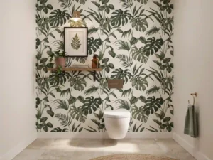 toilettes inspiration papier peint, toilettes inspiration couleur foncée, déco toilettes avec plantes.