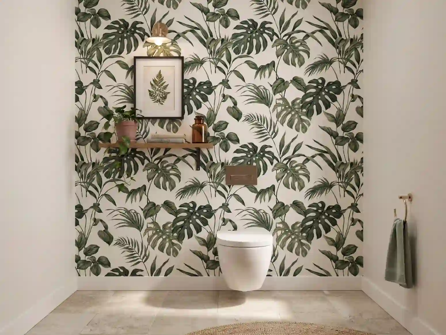 toilettes inspiration papier peint, toilettes inspiration couleur foncée, déco toilettes avec plantes.