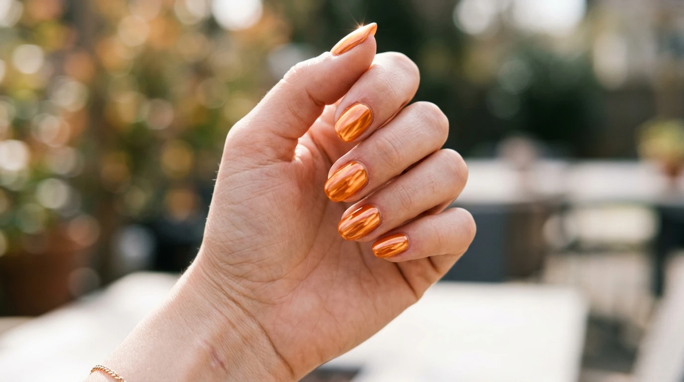 orange chrome nails in copper mirror finish