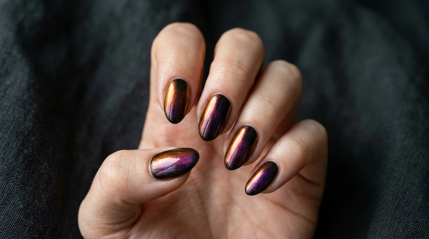 orange chrome nails in copper mirror finish