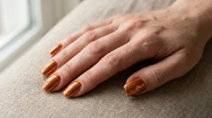orange chrome nails in copper mirror finish