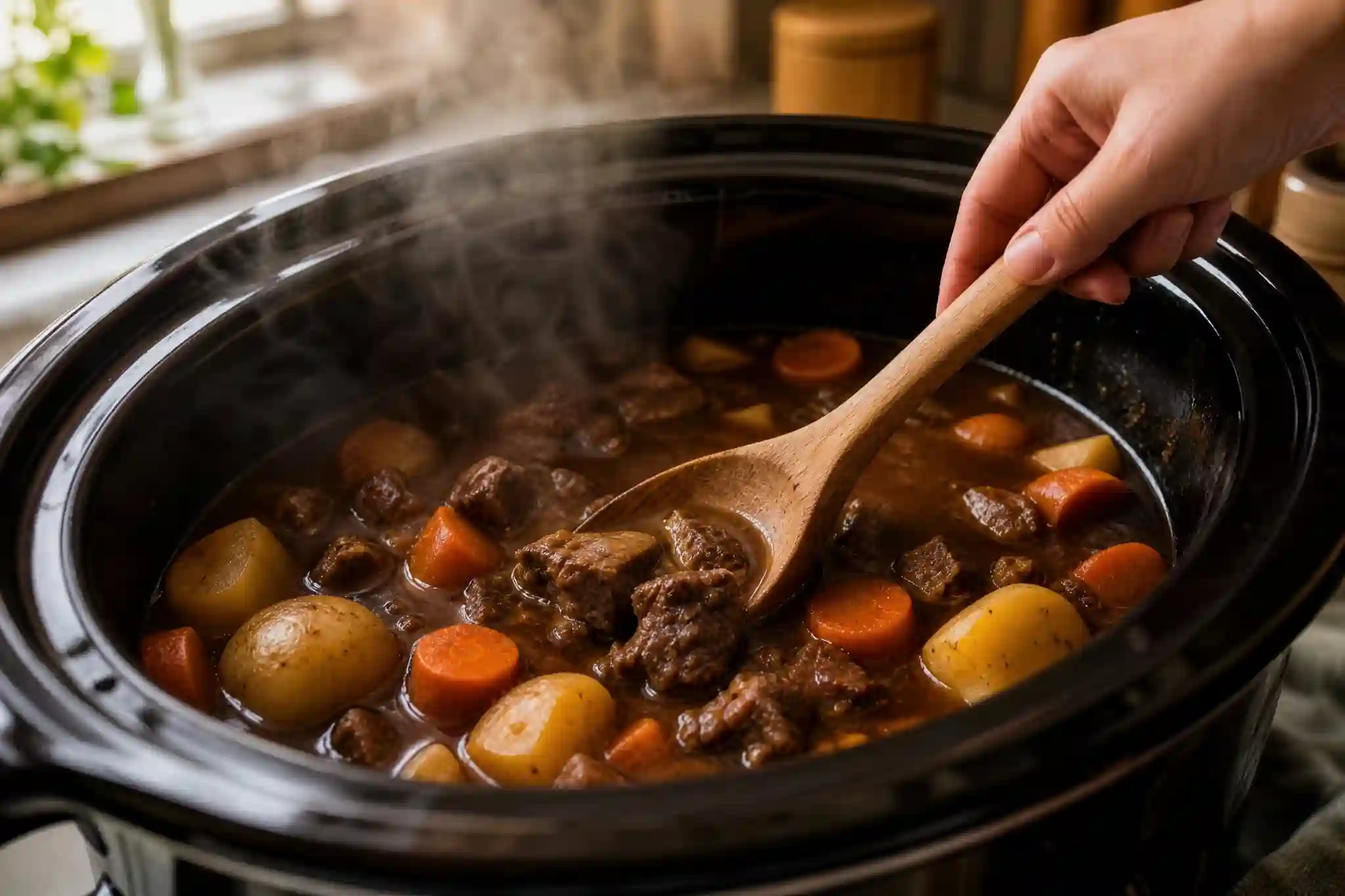 crockpot meals hearty beef stew with potatoes and carrots,easy crockpot meals slow cooker beef stew in a bowl,crockpot meals rich beef stew served with crusty bread